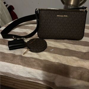 Michael Kors Dark Brown Crossbody Bag with Black Strap